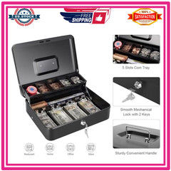 Cash Box with Money Tray Key Lock XL 11.8×9.45×3.54 Black Money Storage