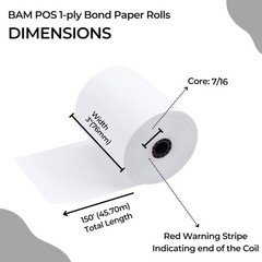 3″ x 150′ 1ply Bond Receipt Paper Rolls for Kitchen Impact Printers Star SP70…