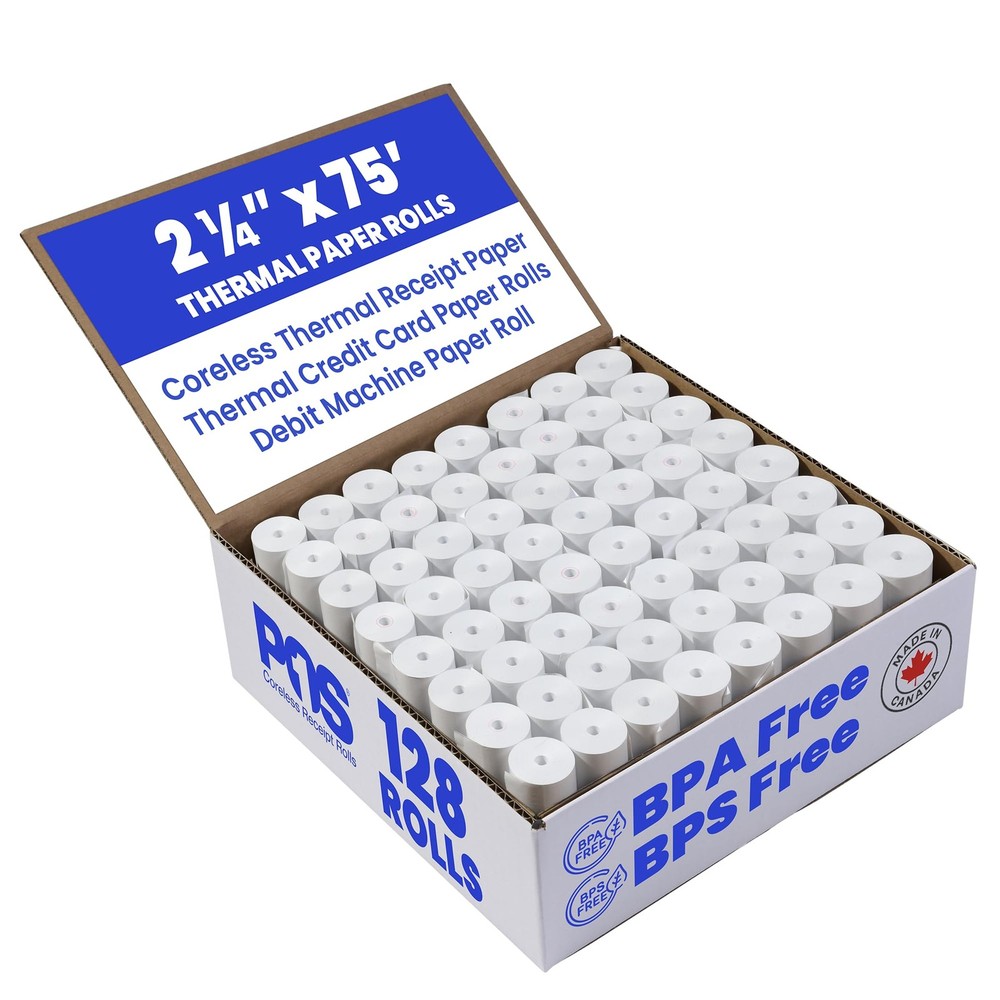 2 1/4 x 75 feet x 128 rolls CORELESS BPA Free Thermal Paper Rolls for Handhel…