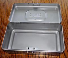Vintage Lit-Ning Metal Cash Box w/ Coin/Cash Tray Handle Made in USA VGC