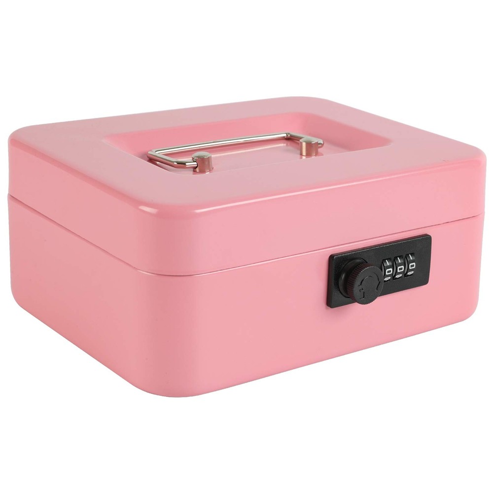 Steel Cash Box Safe Combination Lock Removable Coin Tray 7.87×6.3×3.54 Pink