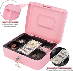 Pink Cash Box with Money Tray and Lock, Metal Money Box for Cash, Lock Box for