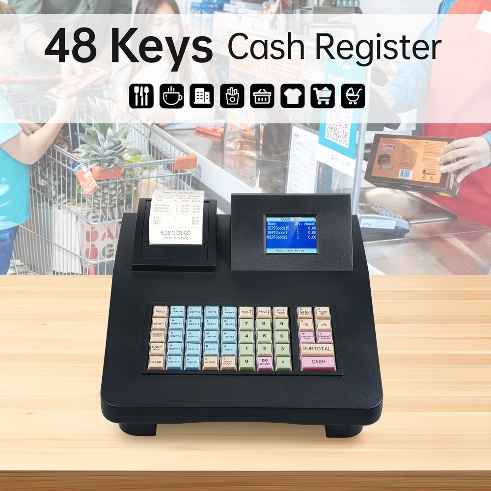 Electronic Cash Register 48 Keys Dual Screen 58mm Thermal Printer USB RS232