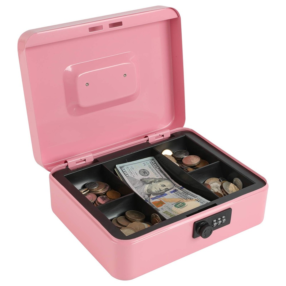 Pink Steel Cash Box with Combination Lock Large Money Safe 9.84×7.87×3.54