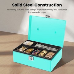 Cash Box with Money Tray and Lock – Blue Cash Storage with Latch Lock & Key