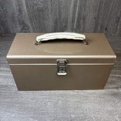 Vintage Cash Change Metal Box Storage No Key Brown Tan Nice Shape Decor 11.5”x6”