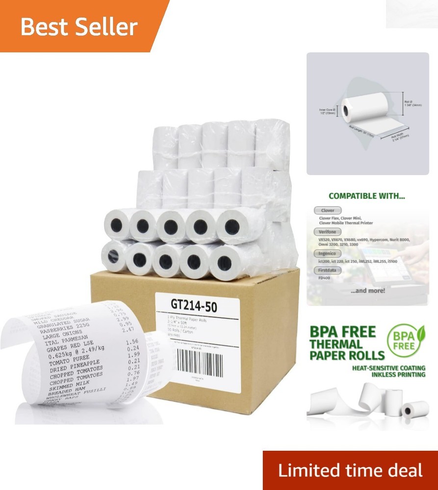 Large 50-Piece BPA Free Thermal Paper Rolls 2-1/4″ x 50′ – For Quality Printing