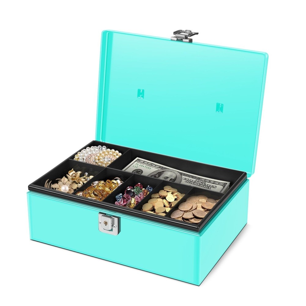 Cash Box with Money Tray and Lock – Blue Cash Storage with Latch Lock & Key