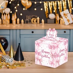 Pink Bow Birthday Money Box for Cash Pull, Happy Birthday Boxes Gifts for Mon…