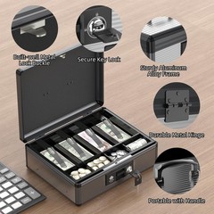 Lockbako Extra Large Locking Cash Box with Money Tray, Key, and Bottom Storage