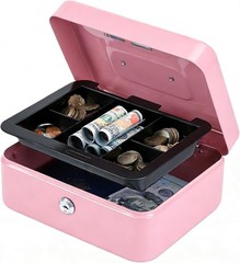 Compact Pink Cash Lock Box with Key, Double Layer for Coins & Cash Storage