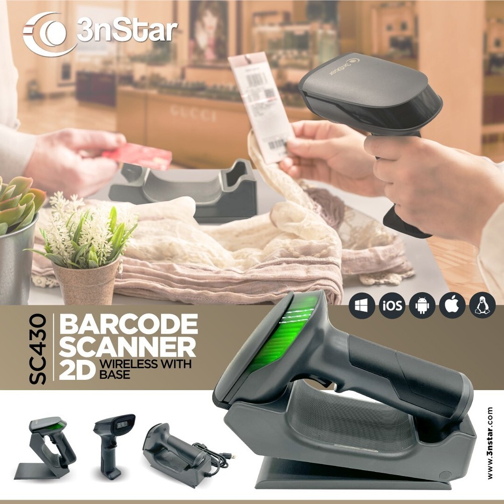 3nStar Wireless 2.4Ghz. BT/Radio Handheld Barcode Scanner 2D with USB Base SC430