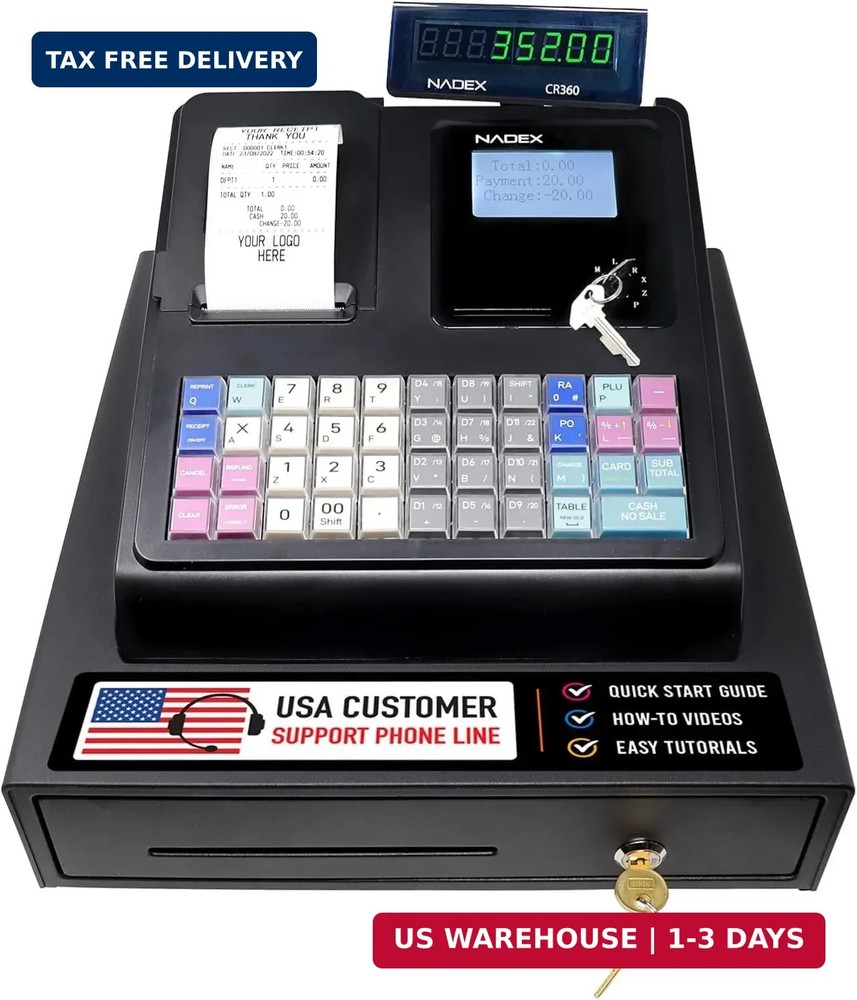 Nadex CR360 Cash Register, 4700 Lookups 50 Dept 50 Clerks, Quick Load Thermal Pr