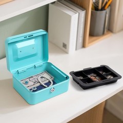 Cash Box with Key Lock – Durable Metal Cash Box with Money Tray, Light Blue, …