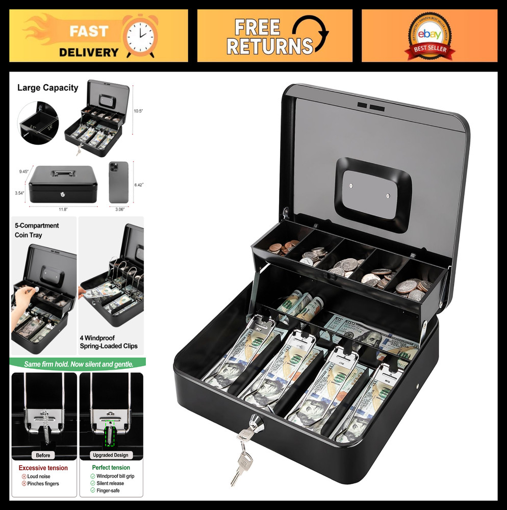 Secure Cash Box with Key Lock – Steel, Spill-Proof Foam Tray, No-Pinch Bill Clip