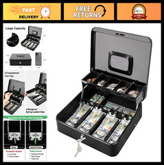 Secure Cash Box with Key Lock – Steel, Spill-Proof Foam Tray, No-Pinch Bill Clip