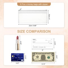 8.7×3.9Inch Money Bags with Zipper, 6 Pcs Clear PVC Cash Pouch, White