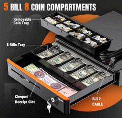 16in Auto Open Cash Drawer with Heavy Duty Insert Tray 5 Bill 8 Coin for POS
