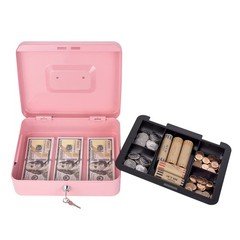 Pink Cash Box With Money Tray And Lock Metal Lock Box For Cash 9.84×7.87 In