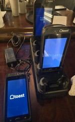 Lot of 3 Toast GO 1 (TG100) Handheld POS With CC READER and Charging Bay.