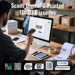 1D 2D QR Barcode Scanner Wireless and Wired with Battery Level Indicator Digital