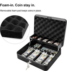Portable Cash Drawer with Key Lock & Spill-Proof Coin Tray – Black, 11.8×9.5 in