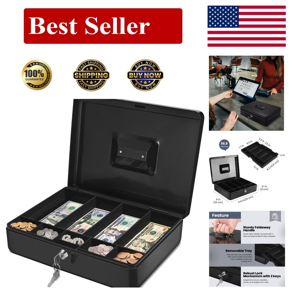 Cash Box with Money Tray and Lock – Metal Cash Box for Small Businesses, 9-Co…