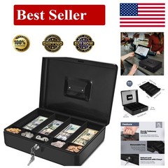 Cash Box with Money Tray and Lock – Metal Cash Box for Small Businesses, 9-Co…