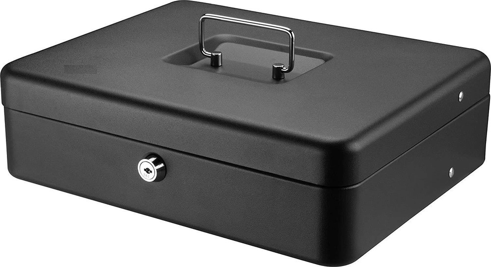 Black Money Saving Box with Cash Tray and Key Lock, Portable Safe Box with Ca…
