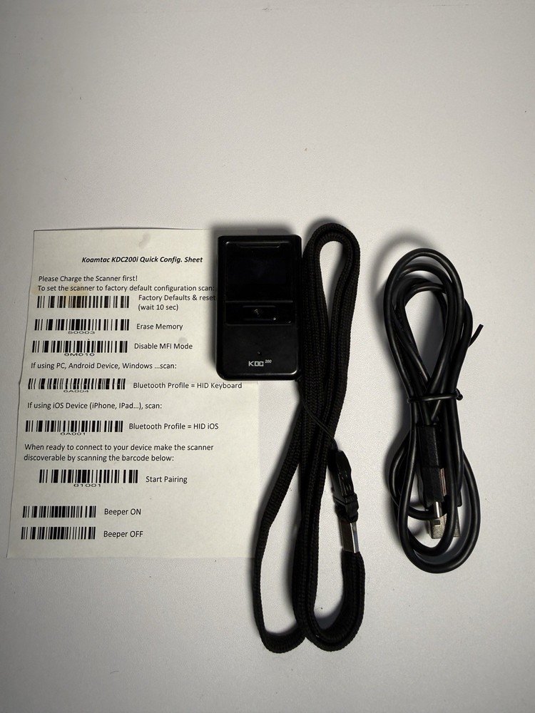 Koamtac KDC200i Bluetooth UPC Barcode Scanner with USB charger And config Instru