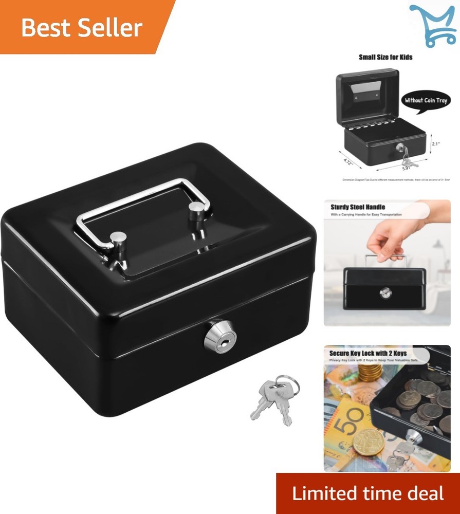 Small Metal Cash Box Lock Box with Key Portable Handle 6.3×7.87×3.54 Inches