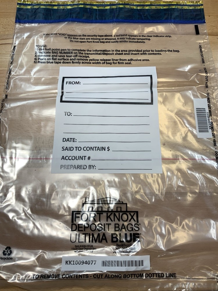 Fort Knox Deposit Bags 75ct. #630-15124 15” X 20” Clear W/pocket Tamper Evident