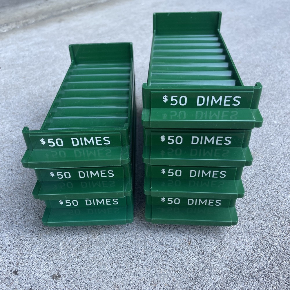 7 MMF Green Colored Plastic Storage Bank Trays Coin Counter $50 Dimes