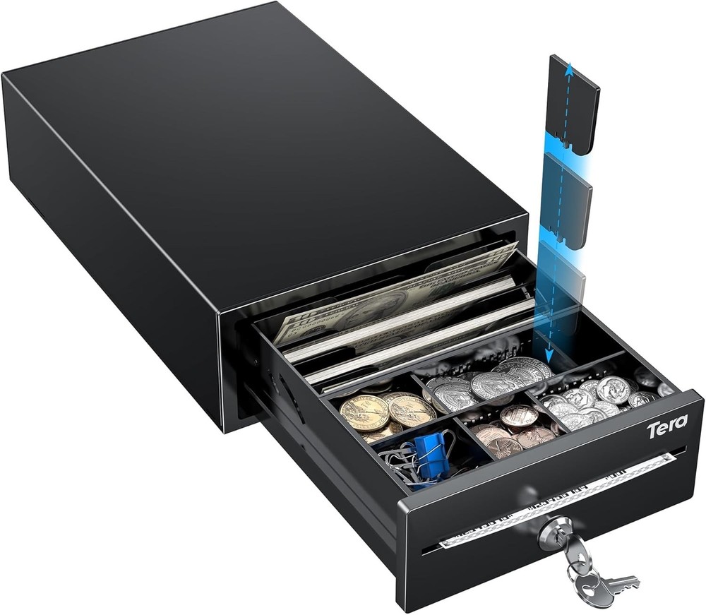 Cash Register Drawer 8″ Mini 4 Bill 6 Coin Small Cash Drawer Auto Open with M…