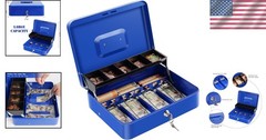 Large Cash Box with Lock Key – Metal Money Safe Blue