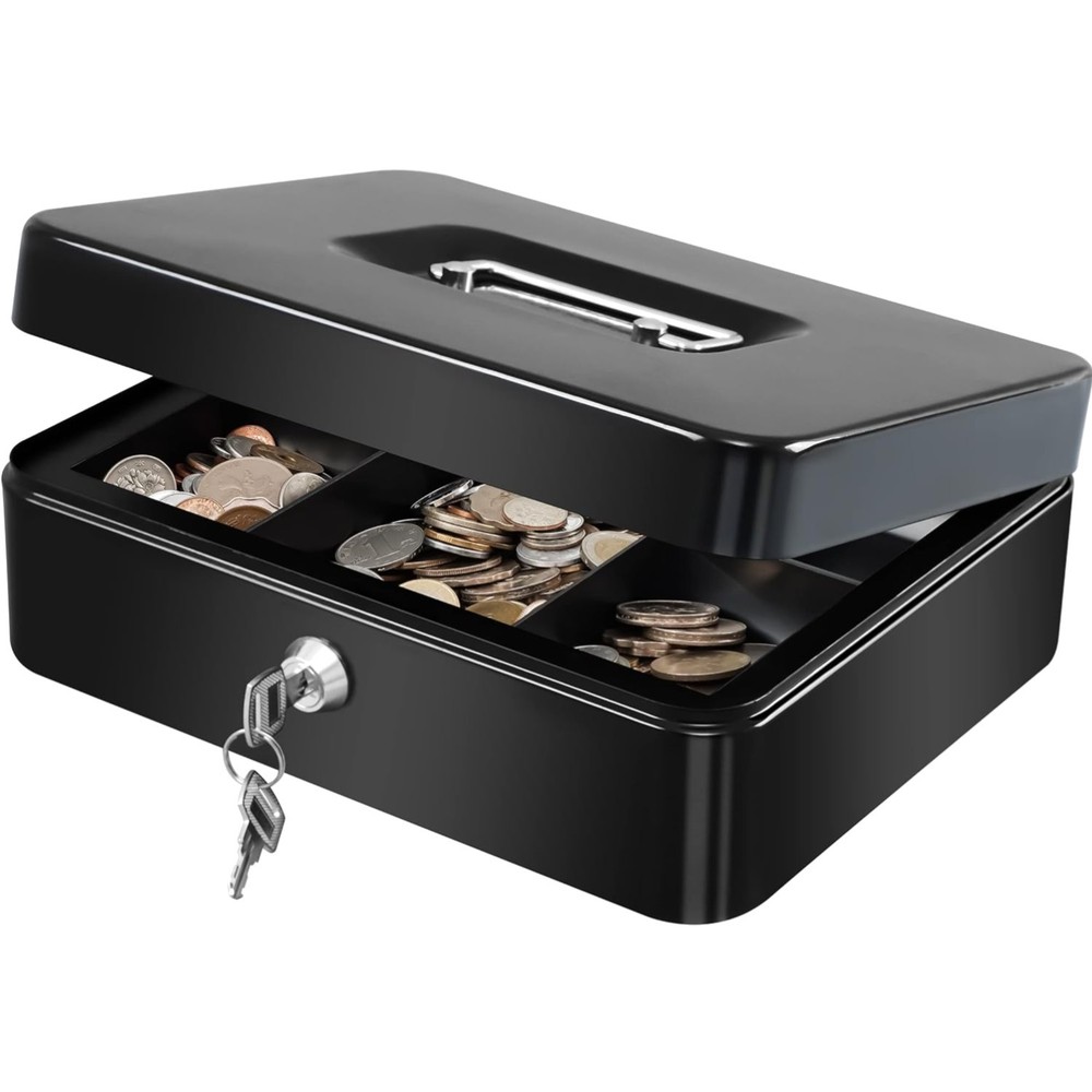 Large Cash Box with Removable Money Tray, Key Lock Metal Storage Box with 2 K…