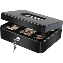 Large Cash Box with Removable Money Tray, Key Lock Metal Storage Box with 2 K…