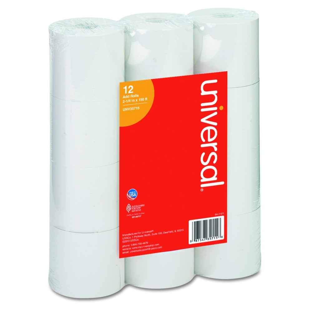 Adding Machine Roll 2 1/4 x 150 ft White Paper 12 Pack UNV35715