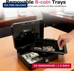 10″ Cash Box with Money Tray, Black, Large | Metal Money Safe Lock Box, Key Lock