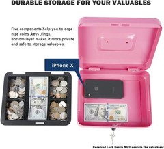 Elegant Pink Large Metal Cash Box with Double Storage & Key Lock – 9.84″x7.87″