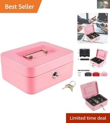 Compact and Stylish Pink Cash Box with Key Lock & Removable Tray, Secure Storage