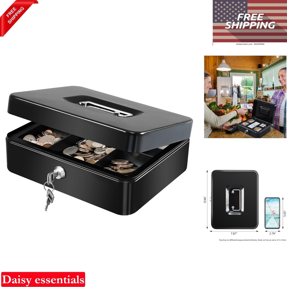 Large Metal Cash Box with Removable Tray and Lock, Portable Black Steel Storage