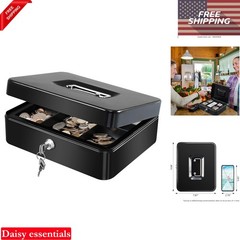 Large Metal Cash Box with Removable Tray and Lock, Portable Black Steel Storage