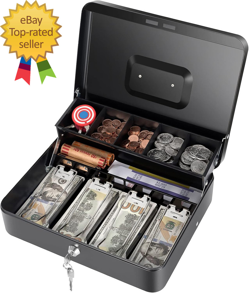 Cash Box with Money Tray and Key Lock Saving Lock Box with Money Tray Storage