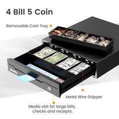 Beelta 13″ Cash Rigister Drawer for Small Business, 4 Bill/5 Coin with Check Slo