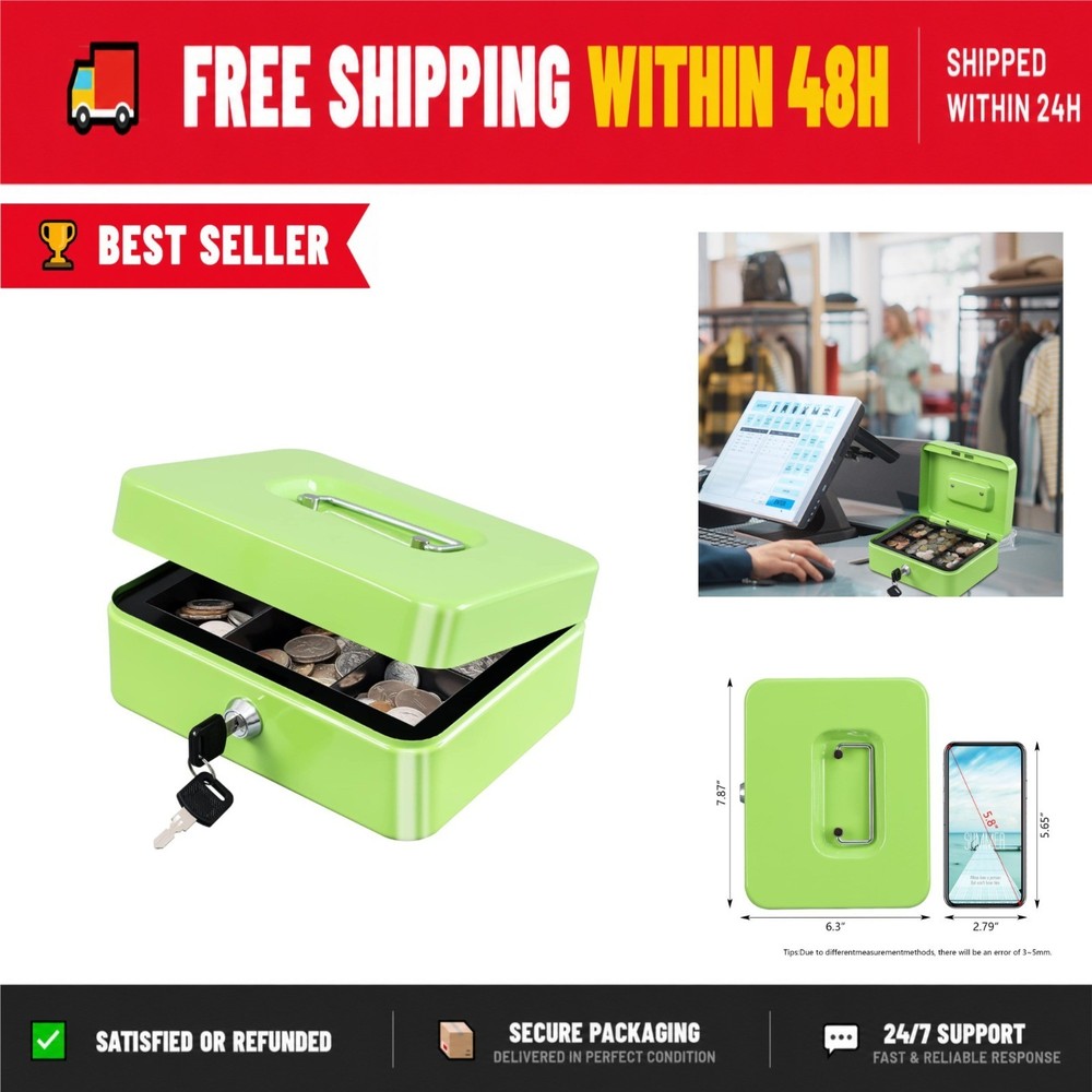 KYODOLED Medium Cash Box with Money Tray, Portable Lock Box, Limegreen