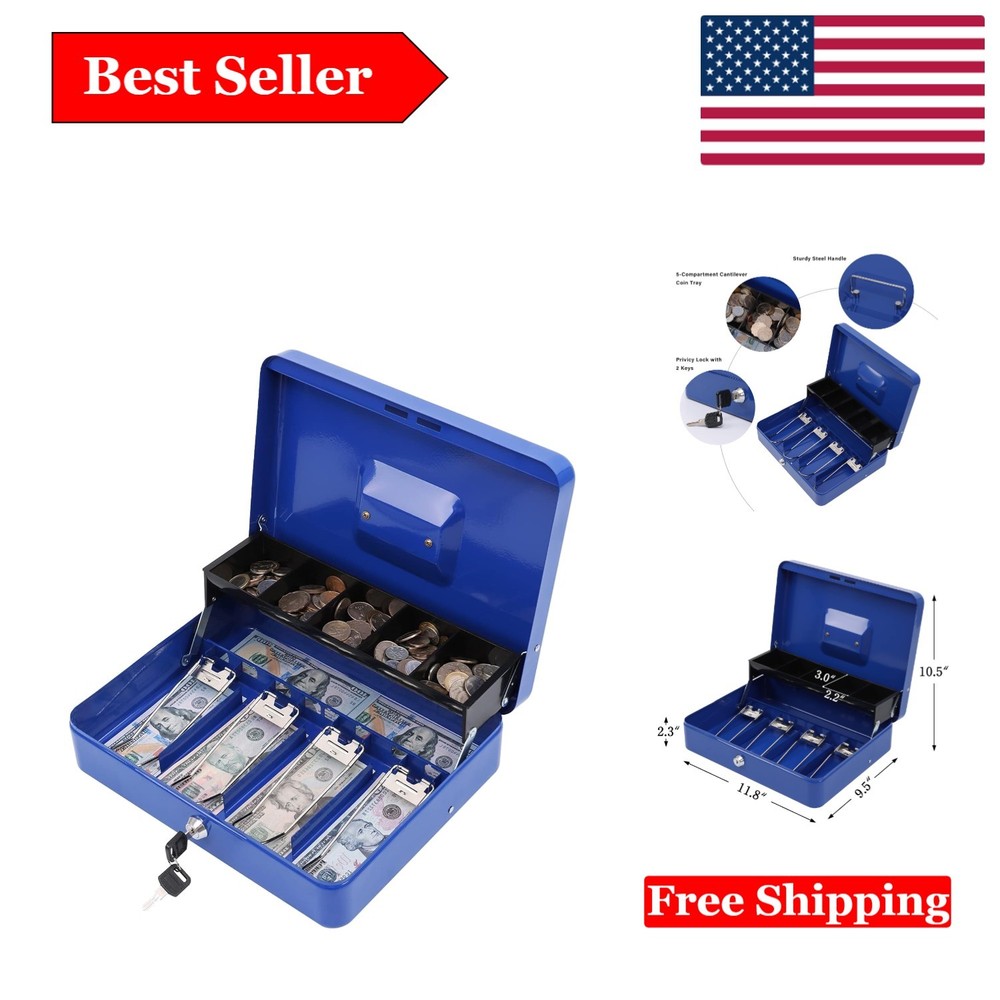 Blue Metal Cash Box with Key Lock & Tiered Tray