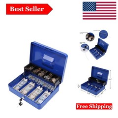 Blue Metal Cash Box with Key Lock & Tiered Tray