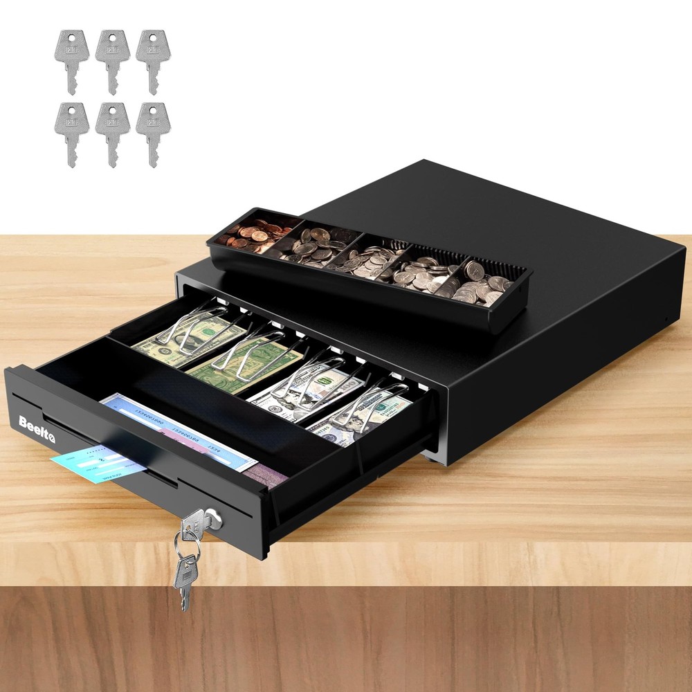 Beelta 13″ Cash Rigister Drawer for Small Business, 4 Bill/5 Coin with Check Slo