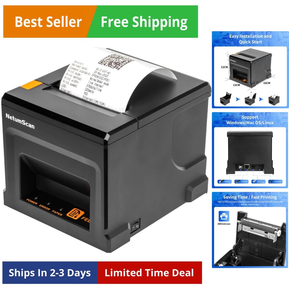 80mm POS Receipt Printer 300mm/s USB Thermal Receipt Printer with Auto Cutter…